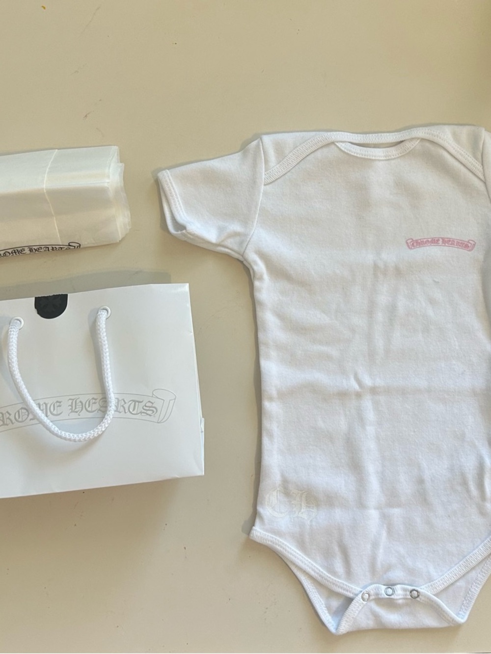 Chrome Hearts Pink & White Baby Onesie Scroll Logo Authentic
